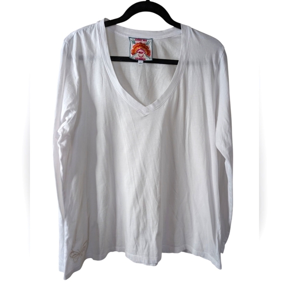 Johnny Was White V-neck Cotton Long Sleeve Top Sz L - Picture 1 of 6